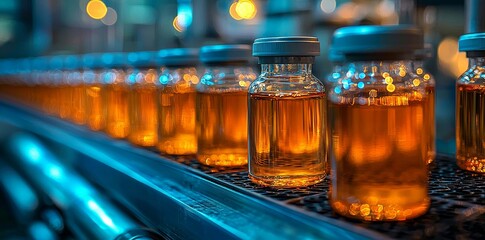 A close-up view of glass vials traveling on a conveyor belt inside a pharmaceutical production facility, demonstrating cutting-edge manufacturing methods