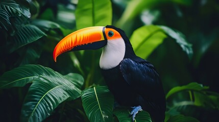 Obraz premium Vibrant Toucan Perched Against a Lush Green Leafy Background