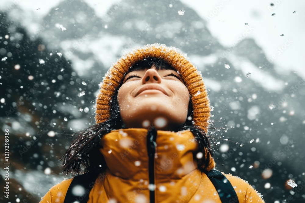 Poster a person standing in the rain without an umbrella, looking up at the sky with water streaming down t