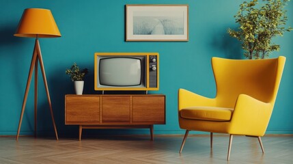 Retro living room with vintage TV, yellow armchair, and mid-century modern furniture.