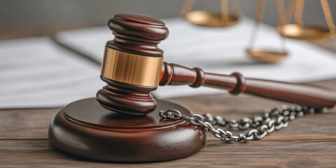 law restriction control concept. Wooden gavel on a table, symbolizing justice and law, with a chain in the foreground and scales in the background.