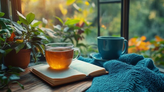 Cozy morning with tea by the window surrounded by plants in a serene setting - Powered by Adobe