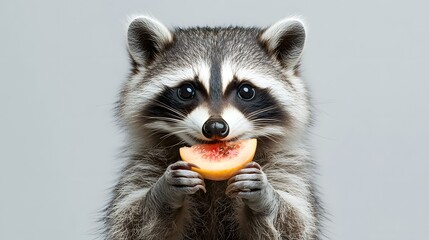 Obraz premium Cute raccoon holding a small orange fruit against a simple gray background