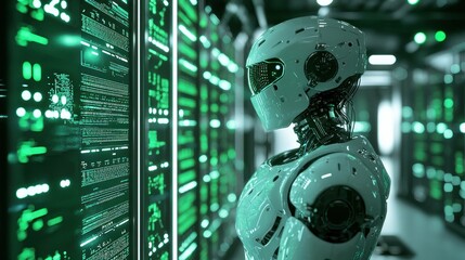 Futuristic robot in a high tech environment, showcasing complex data interactions with green holographic displays, symbolizing advanced technology and artificial intelligence