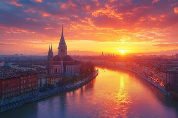 Naklejka premium On a clear winter afternoon, the panoramic view showcases the Turin skyline and the city center in Torino, Piedmont