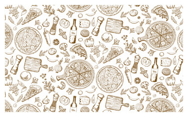 Cotton fabric pizza doodle element seamless pattern
