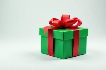 Festive green gift box with red ribbon on white background, festive, present