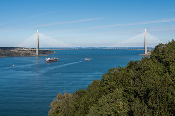The Bosphorus flows into the Black Sea, view from the Yoros fortress, Anadolu Kavağı, Istanbul, Turkey. Sunny day