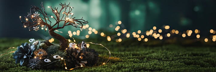 Fototapeta premium Enchanting Halloween Fairy Tree with Lights Moss and Eyes