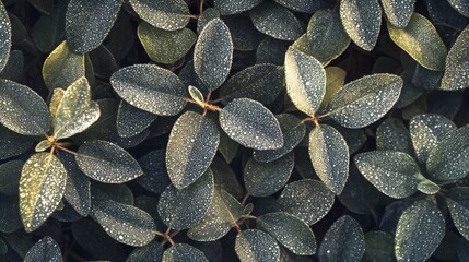 Close-Up View of Lush Green Leaves Glistening with Water Drops from Morning Dew, Showcasing Nature's Beauty and Refreshing Atmosphere in a Tranquil Setting