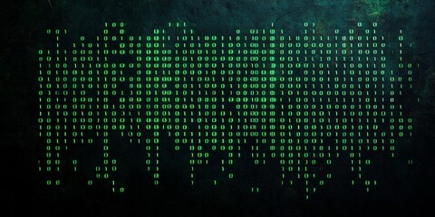 An abstract digital matrix with glowing green light patterns symbolizing data, technology, and connectivity