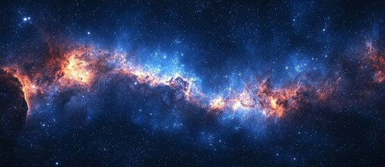 Fototapeta premium An equirectangular projection of a 3D cartoon rendered space scene featuring nebula and stars, offering a 360-degree HDRI map and environment