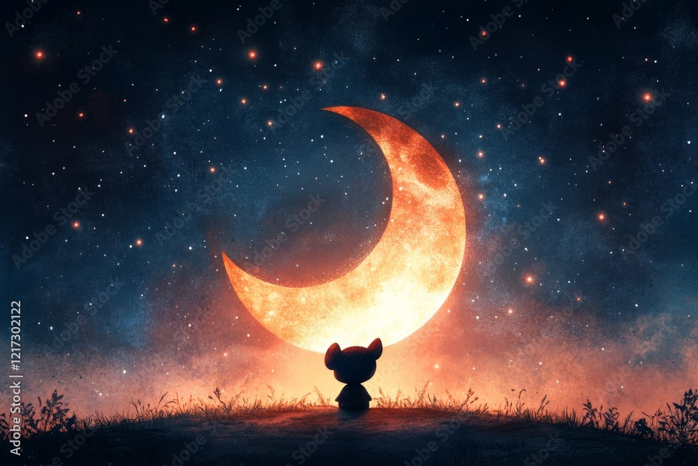 Poster a pixel art depiction of a small character sitting alone under a pixelated moon, surrounded by a dar