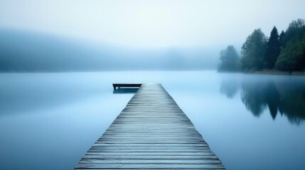 Serene misty lake with wooden dock extending into calm water.