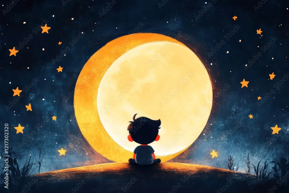 Poster a pixel art depiction of a small character sitting alone under a pixelated moon, surrounded by a dar