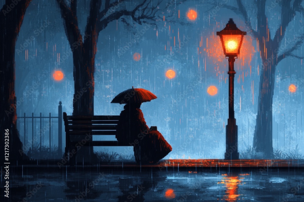 Poster A pixel art depiction of a small character sitting on a bench under a streetlight, with falling rain and a tiny puddle reflecting the soft glow of the light