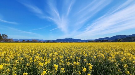 Sunny canola field, mountain backdrop, spring day, nature scene, travel photo