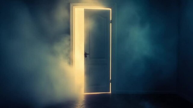 Smoky empty house door scene, smooth repetitive motion for background video animation