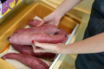 Close-up of hands inspecting purple sweet potatoes in wooden tray in tropical fruit store. Natural lighting highlights earthy freshness and clean arrangement indoors.