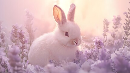 Fototapeta premium Soft white rabbit sits among delicate lavender flowers in a serene garden setting during golden hour,