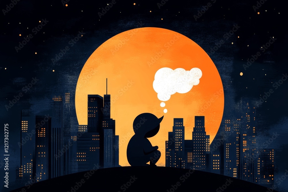 Poster A pixel art scene of a small character pacing back and forth under a pixelated moon, with a worried thought bubble floating above their head