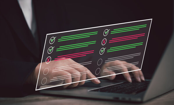 Performance checklist concept : businessman using finger with mobile phone for questionnaire, evaluation, assessment online or survey exam and filling out for digital survey and checklist.	

