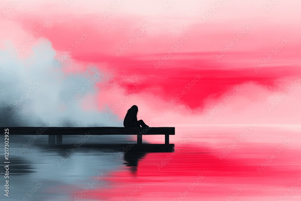 Poster A pixel art scene of a small character sitting on the edge of a pixelated dock, with tiny ripples in the water and a fading sunset creating a melancholic atmosphere