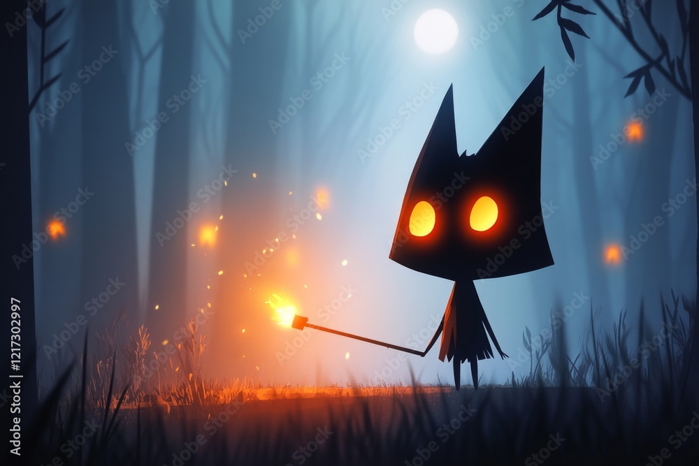 Poster A pixel art scene of a small character walking through a dark forest, their torch casting limited light as glowing eyes peer from the shadows
