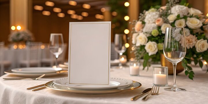  Romantic menu card mockup with delicate floral accents on a formal dinner table, enhanced by warm lighting and elegant tableware. Perfect for wedding or event design concepts. - Powered by Adobe