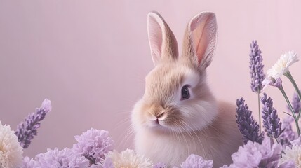 Fototapeta premium Soft white rabbit sits among delicate lavender flowers in a serene garden setting during golden hour,
