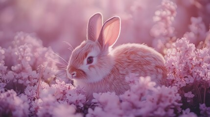Fototapeta premium Soft white rabbit sits among delicate lavender flowers in a serene garden setting during golden hour,