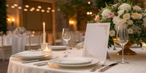 Elegant blank menu card mockup on a formal dinner table setup with white plates, silverware, candles, and a floral centerpiece in a softly lit ambiance.