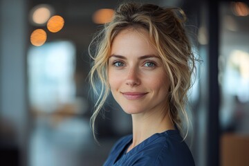 Fototapeta premium Blonde nurse smiling directly at the camera, revealing her teeth