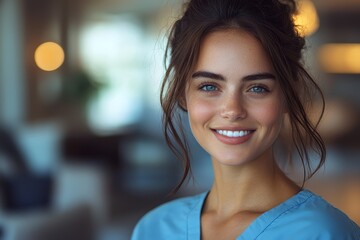Fototapeta premium Nurse with blonde hair grins widely while looking straight at the camera, exposing her teeth