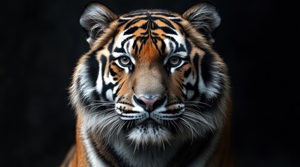 Fototapeta premium Majestic tiger portrait, dark background, zoo setting, wildlife conservation