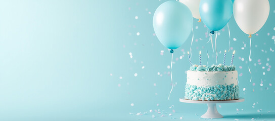 Pastel blue birthday cake with balloons and copy space