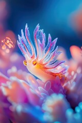 A detailed underwater macro image of a tiny nudibranch crawling over colorful coral, its vibrant colors and delicate frills standing out in the reef