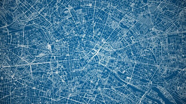 Ink reveal animation of Berlin city, Germany, grid map. Aerial top view. Blueprint style. White lines with blue background. 4K Seamless loop.