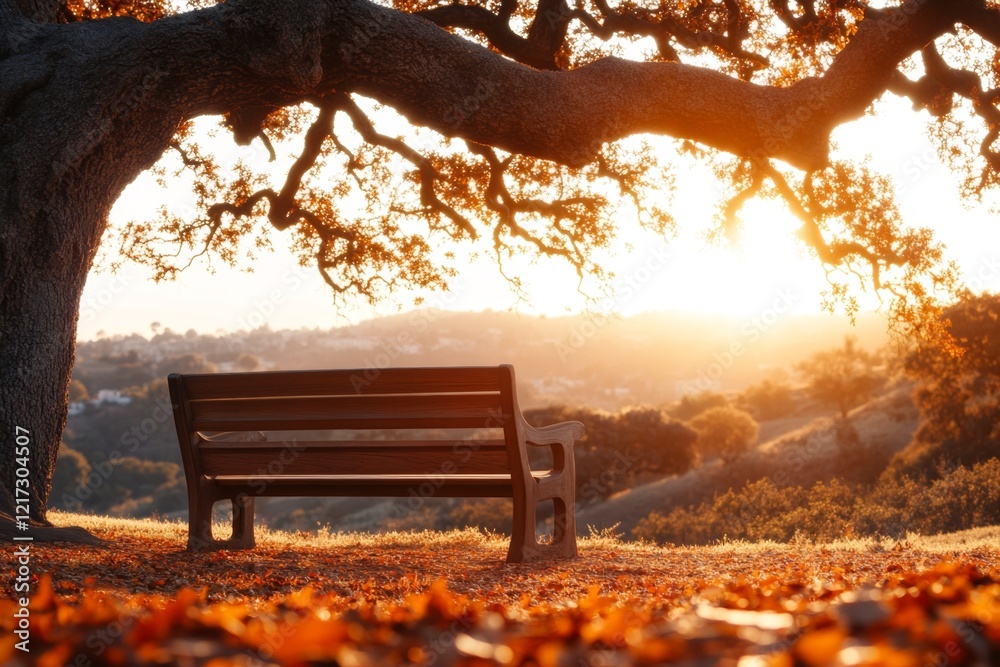 Poster a serene park bench under a large oak tree with fallen leaves scattered around, and sunlight streami