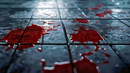 Creepy horror scene, where blood is everywhere on the floor, blood gory sight of a scary scene.