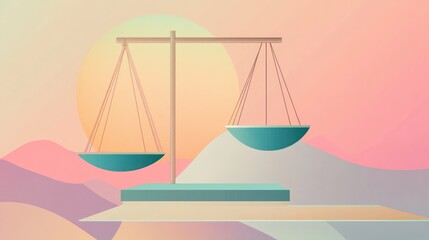 Pastel scales of justice on a platform against a sunset backdrop.