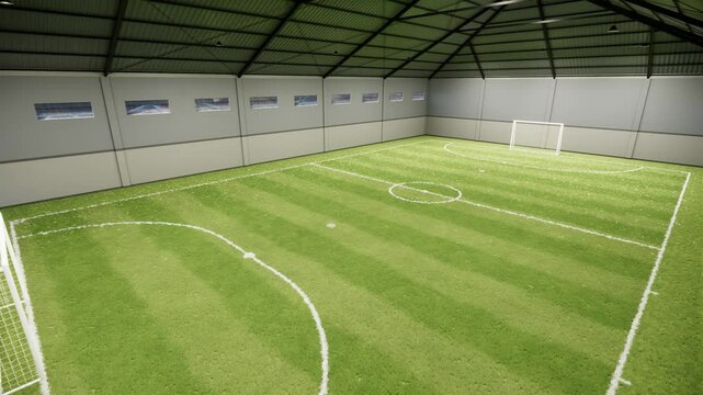 Indoor Mini Soccer Court Render with Synthetic Turf, Professional Line Markings, and Robust Metal Roofing Video footage 4k