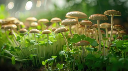 Fresh green mushrooms growing in a forest area, highlighting the natural environment and growth cycle.