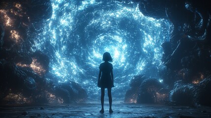Obraz premium A girl embarks on a journey through an underwater world inhabited by giant glowing sea creatures and fantastical alien-like scenes