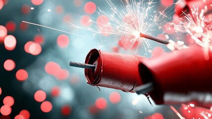 Red firecrackers strung along a gate, sparking energetically against a background of glowing lanterns