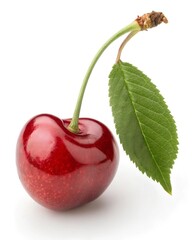 Cherry with stem and leaf isolated on white background.
