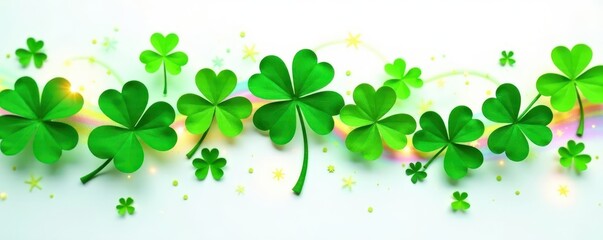Emerald green shamrock leaves intertwined with colorful rainbow sparkles against a white background, fantasy, rainbow