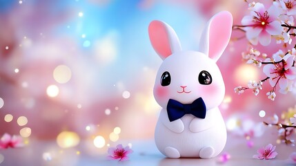 Fototapeta premium Adorable White Bunny With Pink Cherry Blossoms