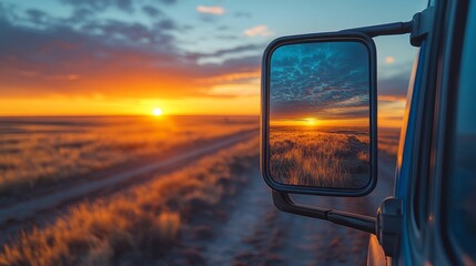 Sunset view with a truck on a quiet road in the countryside during evening hours