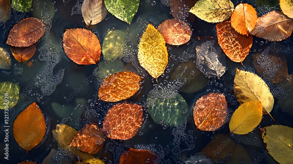 Aufkleber A Beautiful Display of Autumn Leaves Floating on Water with Bubbles, Capturing the Essence of Fall in Vibrant Colors and Natural Patterns